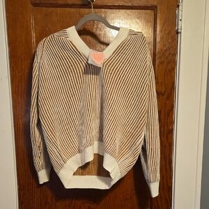 LOVLOV Hoodie Cream & Brown Diagonal Stripe Sweater- SIZE SMALL OVERSIZED